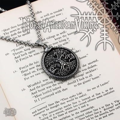 Viking Yggdrasil World Ash Tree Wolf Pentagram Stainless Steel Pendant Necklace