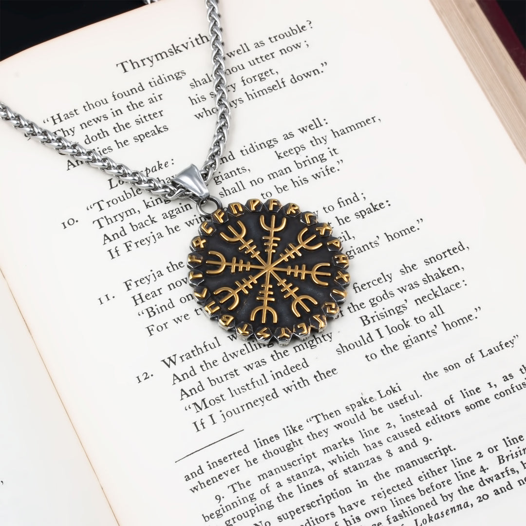 Helm of Awe Vegvisir Rune Pendant Necklace Stainless Steel Viking