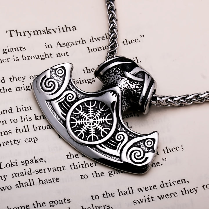 Helm of Awe Axe Pendant Necklace 316L Stainless Steel Norse Viking