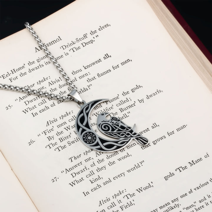 Raven Crescent Moon Pendant Necklace Stainless Steel Viking