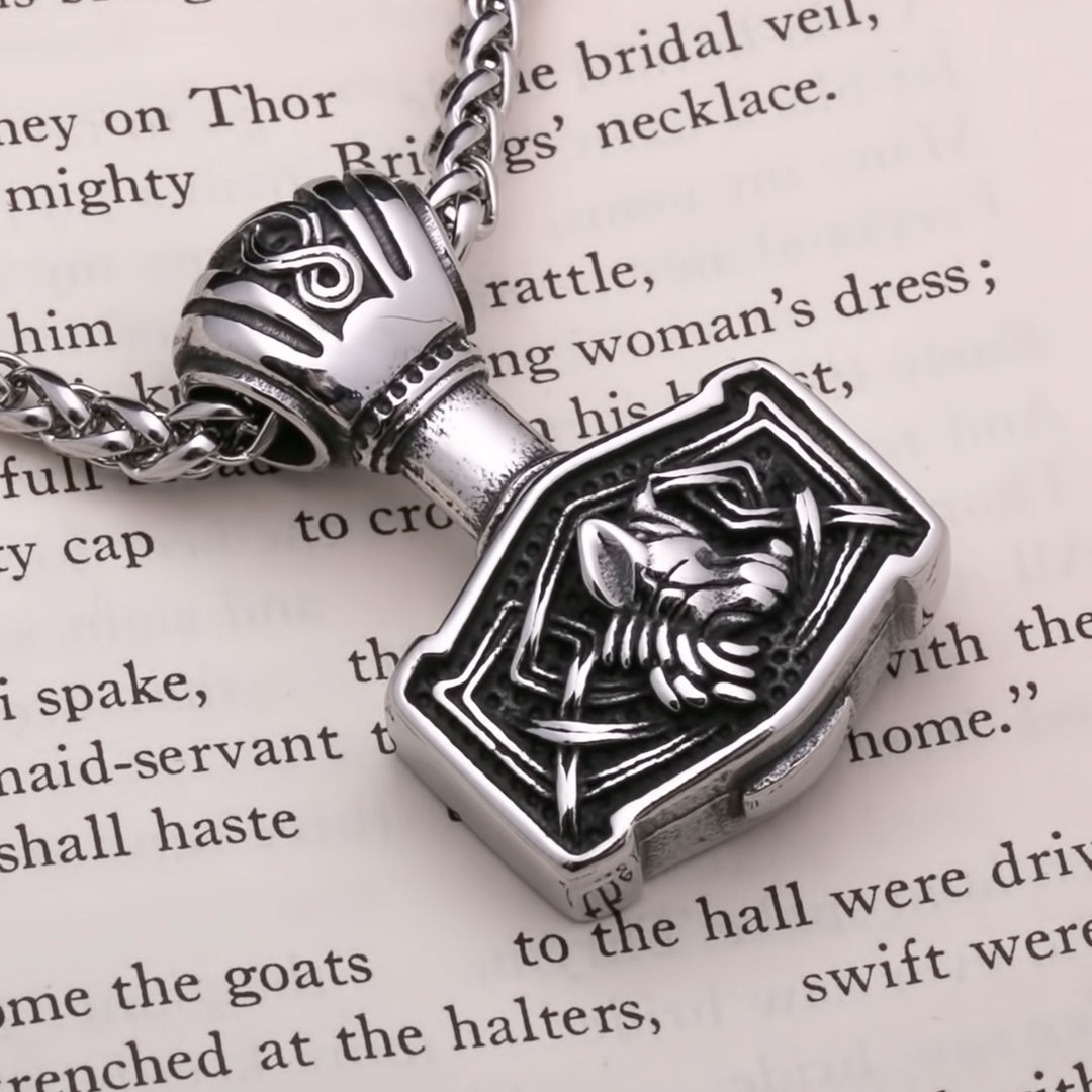 Mjolnir Fenrir Wolf Head Viking Pendant Necklace 316L Stainless Steel