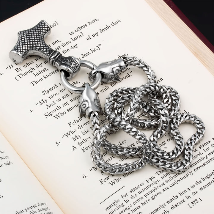 Mjolnir Thor's Hammer King Wolf Foxtail Necklace 316L Stainless Steel Viking