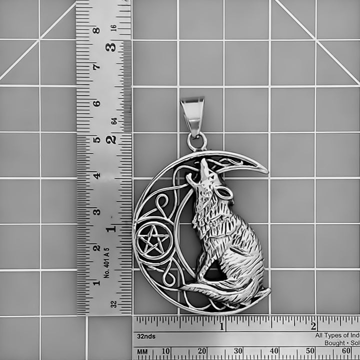 Viking Fenrir Wolf Crescent Moon Stainless Steel Pendant Necklace