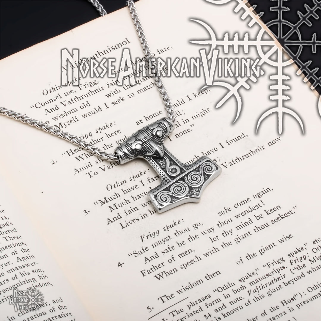 Viking Mjolnir Thor's Hammer Raven Stainless Steel Pendant Necklace Norse American