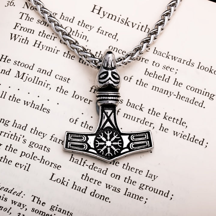 Viking Mjolnir Thor's Hammer Helm of Awe Raven Stainless Steel Necklace Norse American