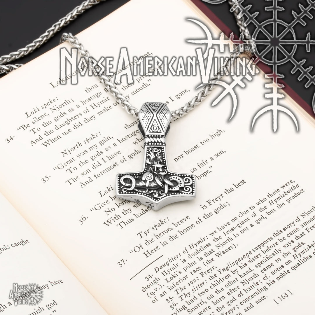 Viking Mjolnir Thor's Hammer Jormungandr Stainless Steel Pendant Necklace