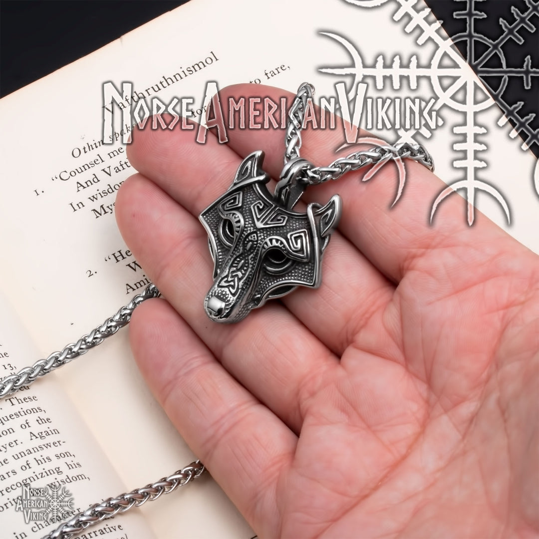 Viking Fenrir Wolf Head Stainless Steel Pendant Necklace Norse American