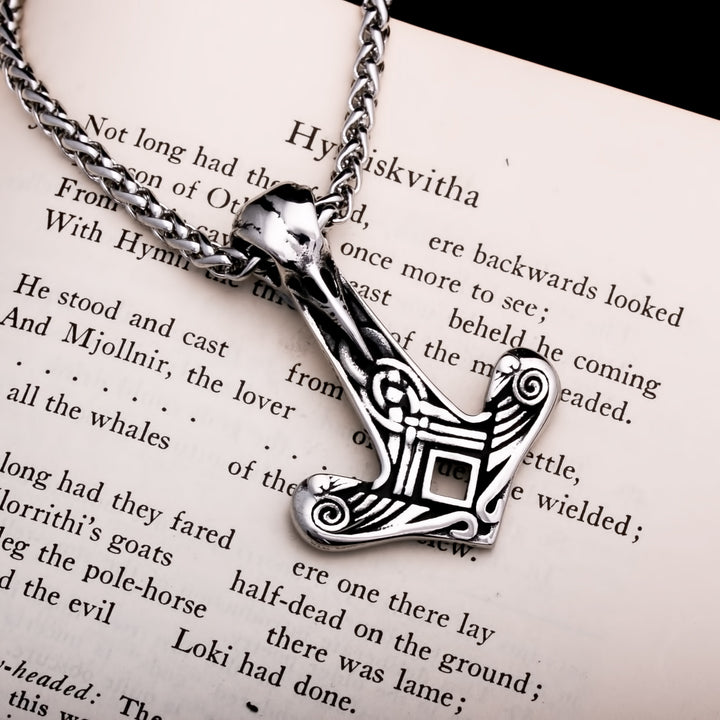 Viking Mjolnir Thor's Hammer Raven Skull Stainless Steel Pendant Necklace Norse American