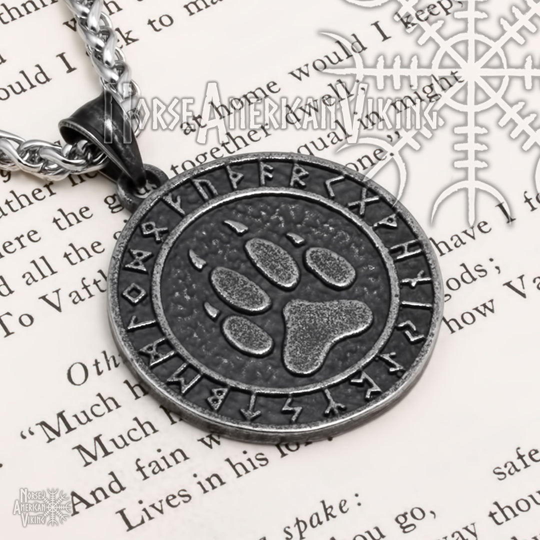 Viking Wolf Paw Print Rune Pendant Stainless Steel Necklace Norse American