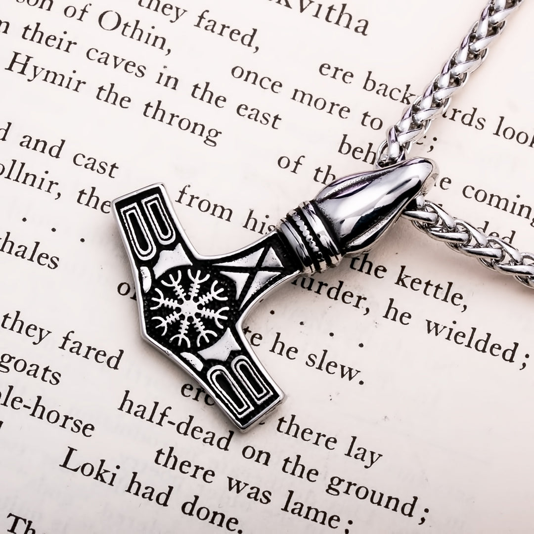 Viking Mjolnir Thor's Hammer Helm of Awe Raven Stainless Steel Necklace Norse American