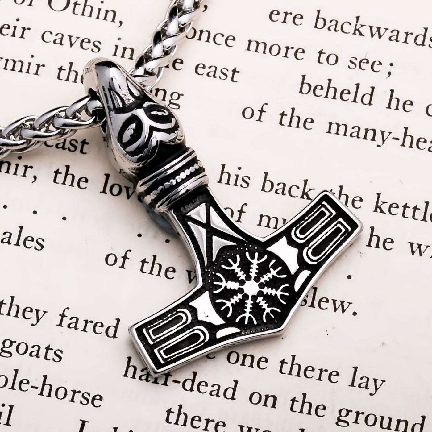 Viking Mjolnir Thor's Hammer Helm of Awe Raven Stainless Steel Necklace Norse American