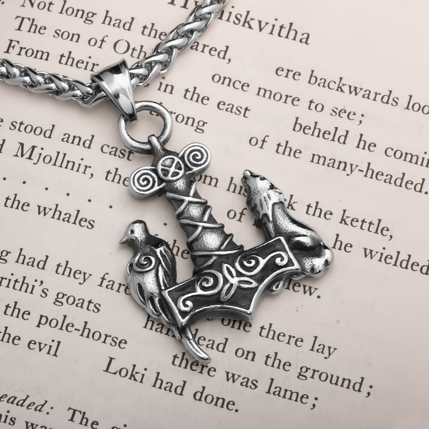 Viking Mjolnir Thor's Hammer Wolf Raven Stainless Steel Pendant Necklace Norse American