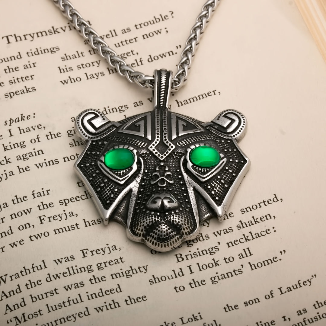 Viking Bear Head with Green Eyes Berserker Stainless Steel Pendant Necklace Norse American