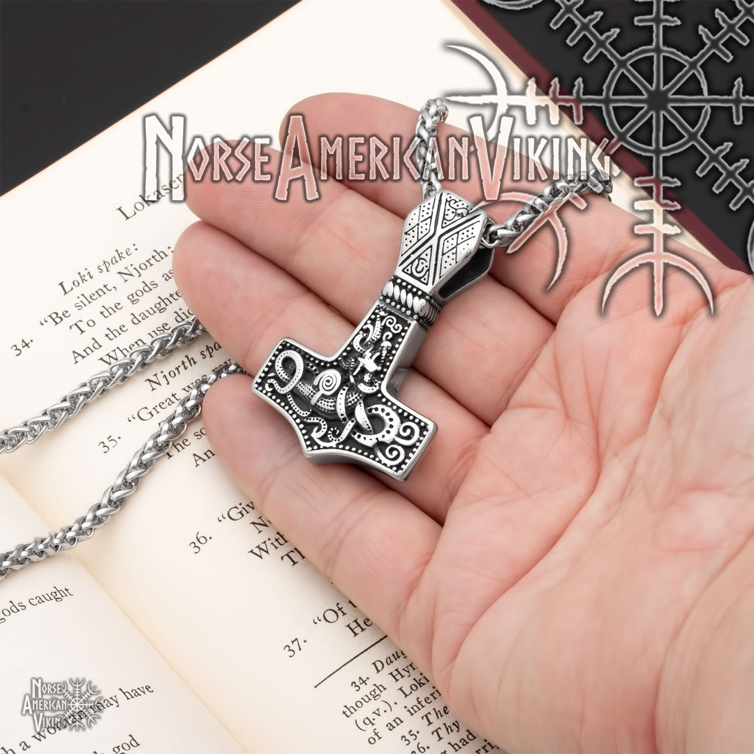 Viking Mjolnir Thor's Hammer Jormungandr Stainless Steel Pendant Necklace