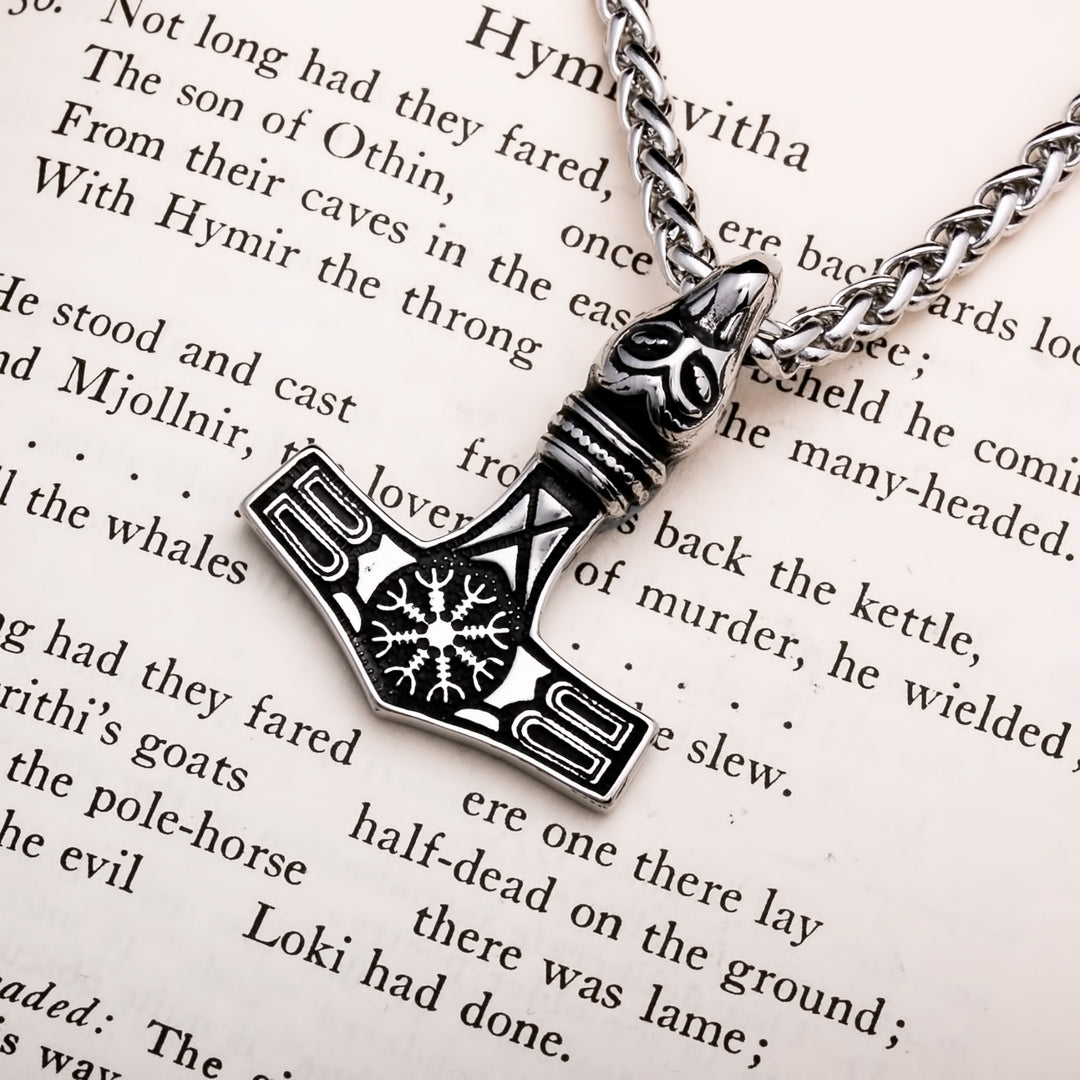 Viking Mjolnir Thor's Hammer Helm of Awe Raven Stainless Steel Necklace Norse American