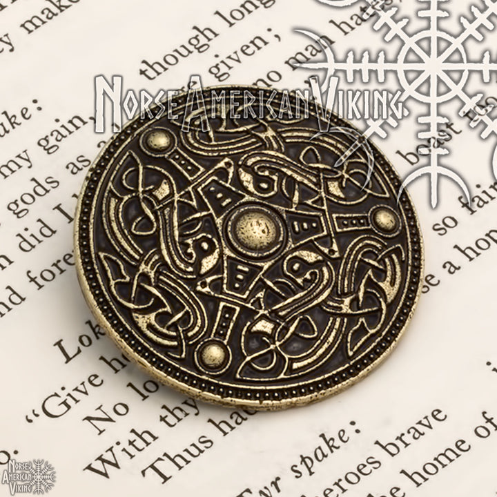 Viking Norse Dragon Broa Shield Brooch Gold Bronze Tone