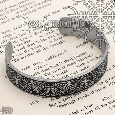Viking World Tree Yggdrasil Raven Cuff Bracelet 316L Stainless Steel