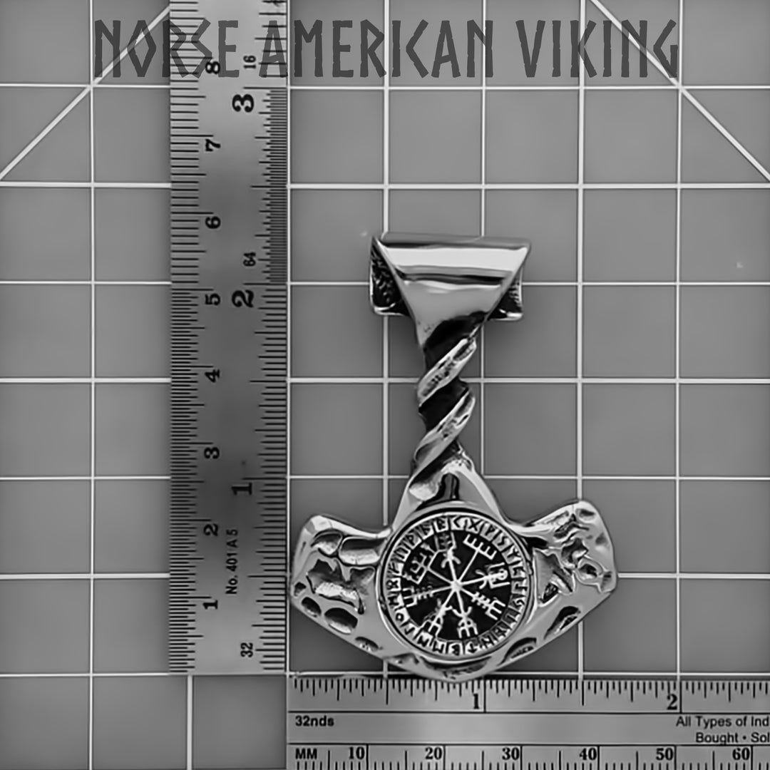 Viking Mjolnir Thor's Hammer Twisted Vegvisir Stainless Steel Pendant Necklace Norse American