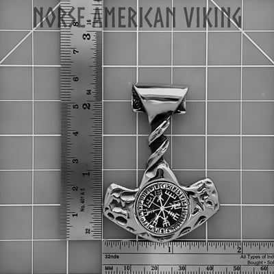 Viking Mjolnir Thor's Hammer Twisted Vegvisir Stainless Steel Pendant Necklace Norse American
