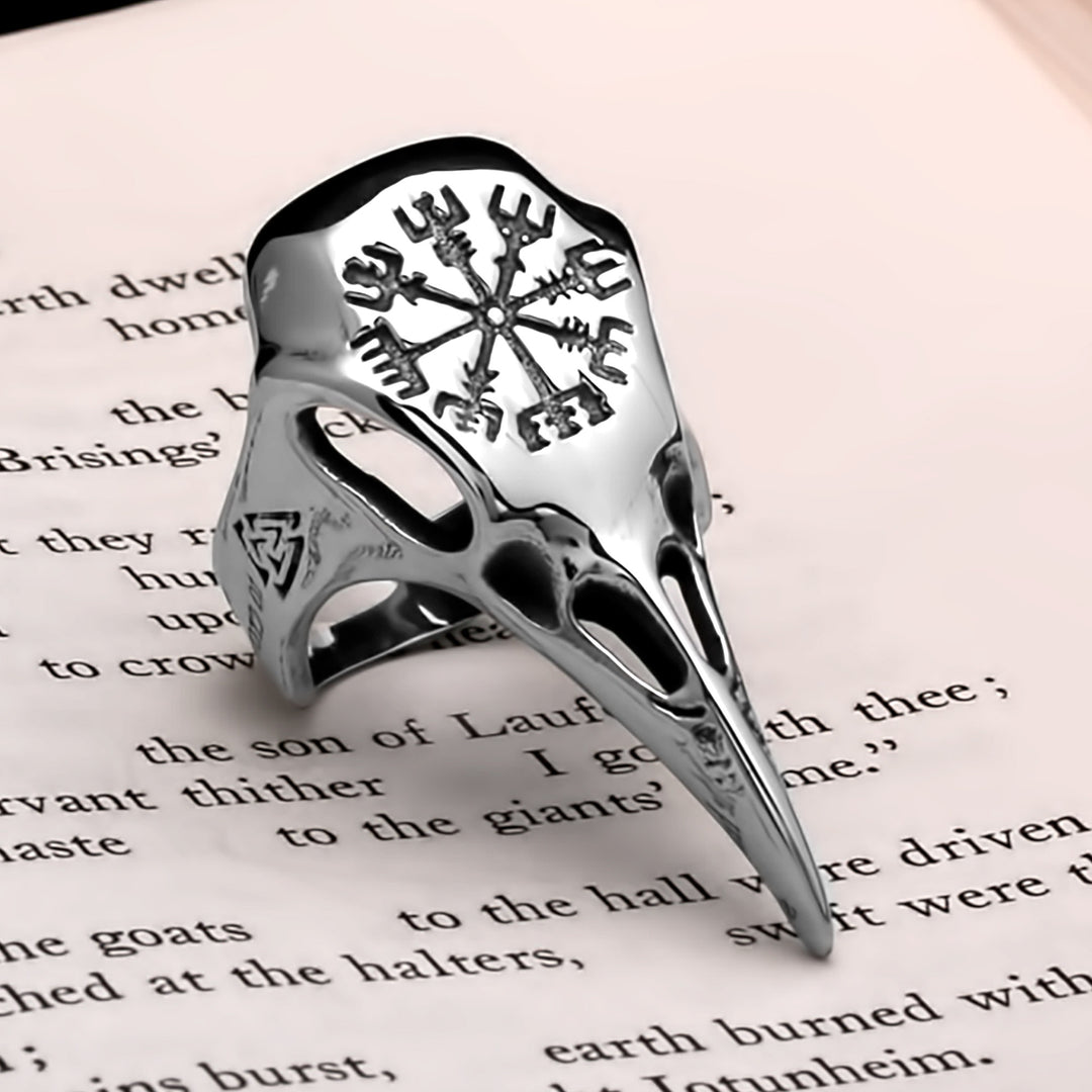 Viking Raven Skull Vegvisir Ring Norse American