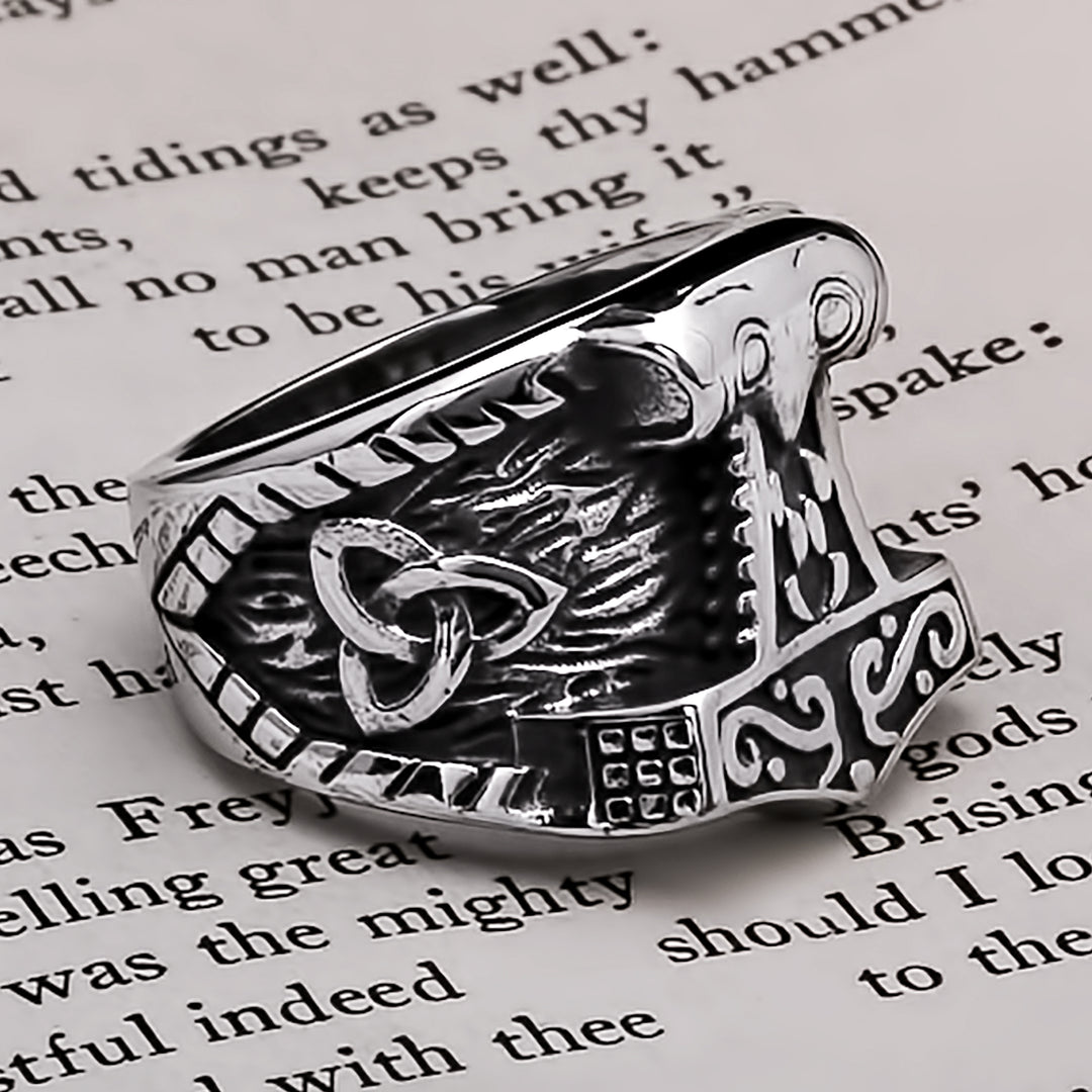 Viking Mjolnir Thor's Hammer Trinity Knot Ring Norse American