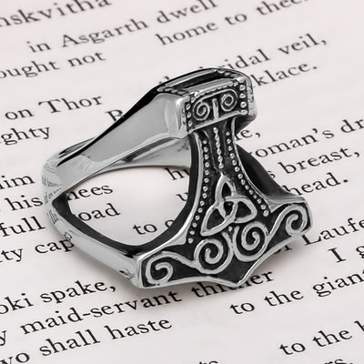 Viking Mjolnir Thor's Hammer Trinity Knot Ring Norse American