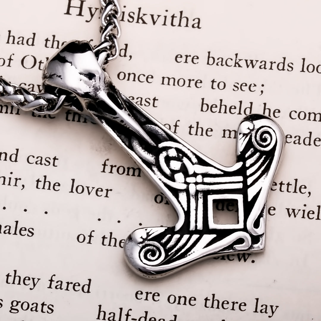 Viking Mjolnir Thor's Hammer Raven Skull Stainless Steel Pendant Necklace Norse American