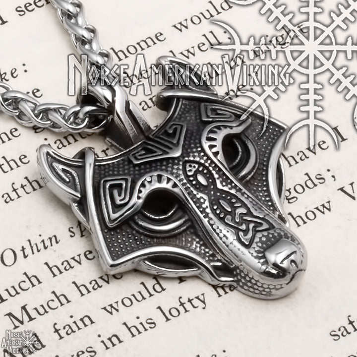 Viking Fenrir Wolf Head Stainless Steel Pendant Necklace Norse American