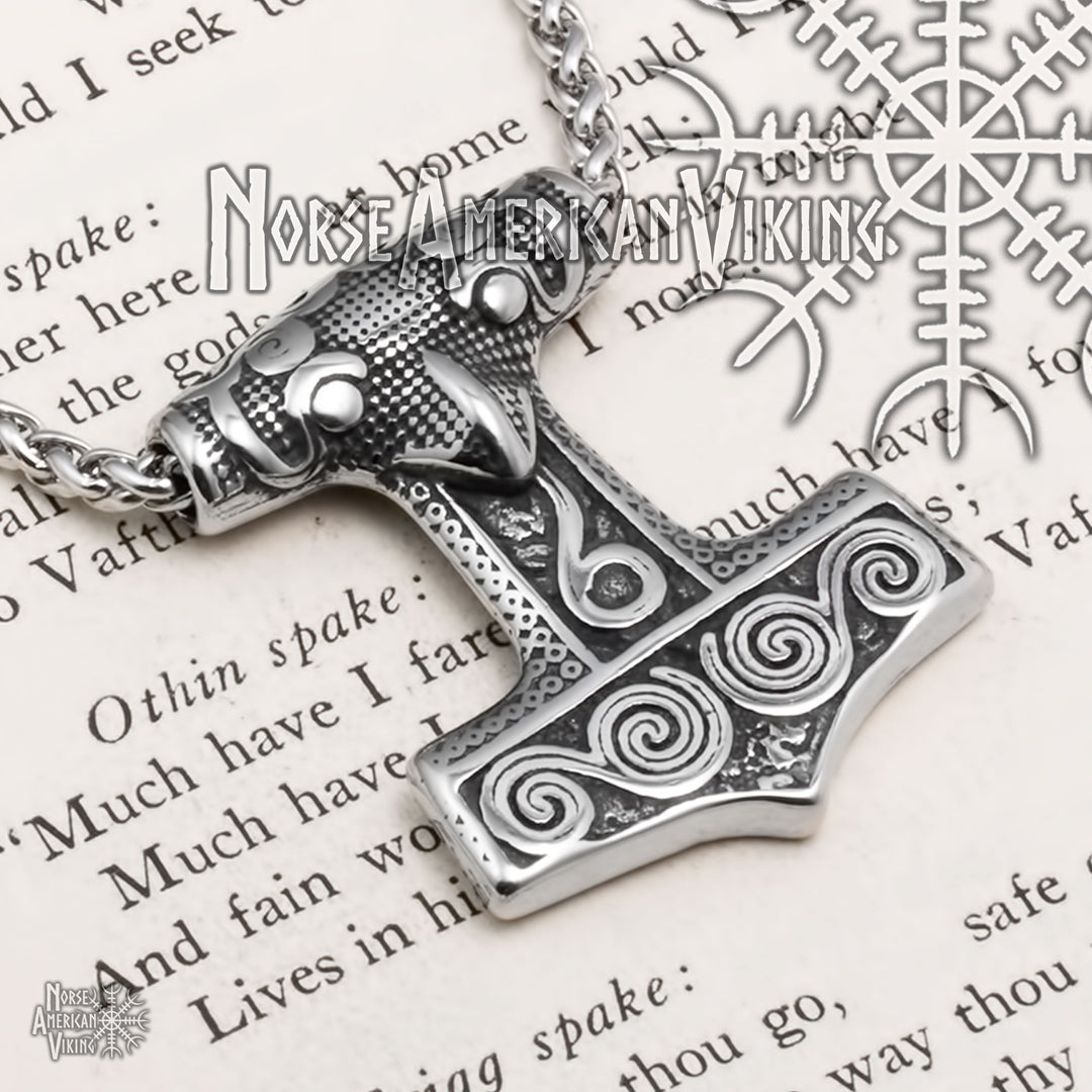 Viking Mjolnir Thor's Hammer Raven Stainless Steel Pendant Necklace Norse American