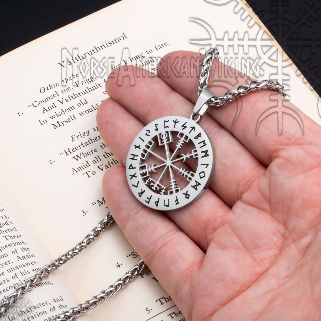 Viking Compass Vegvisir Rune Stainless Steel Pendant Necklace Norse American