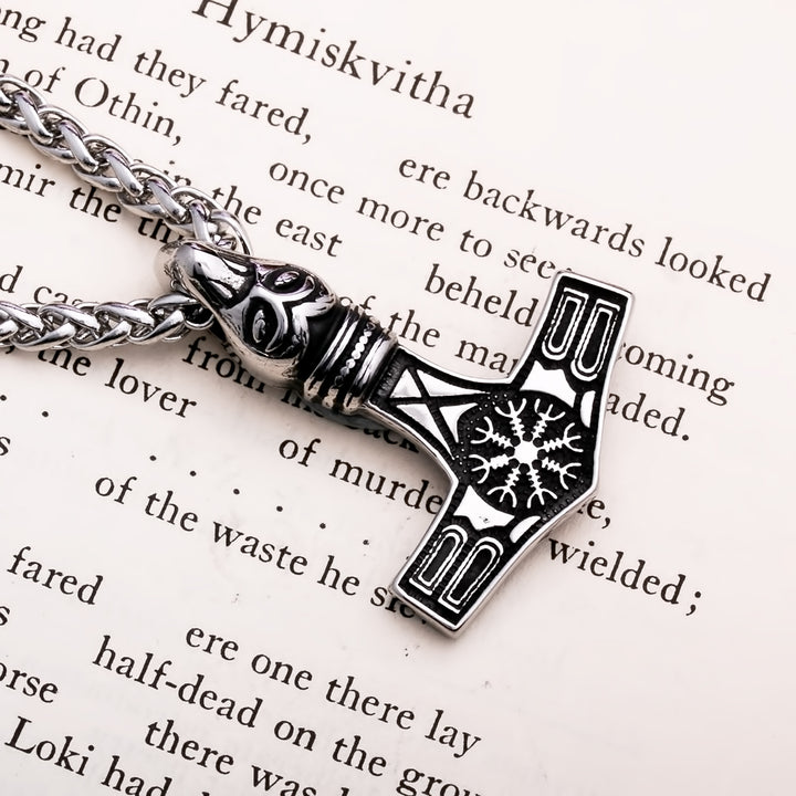 Viking Mjolnir Thor's Hammer Helm of Awe Raven Stainless Steel Necklace Norse American