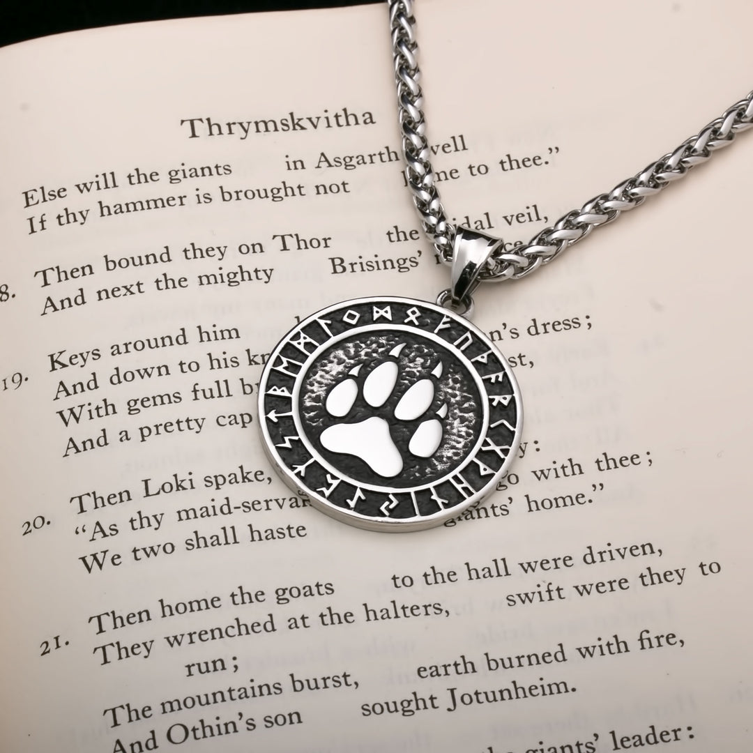 Viking Wolf Paw Print Rune Pendant Stainless Steel Necklace Norse American