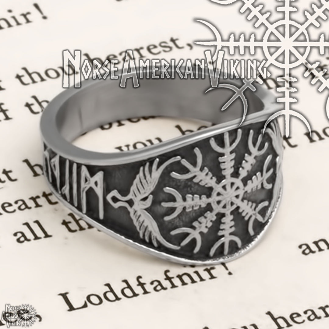 Viking Helm of Awe Raven Rune Ring 316L Stainless Steel