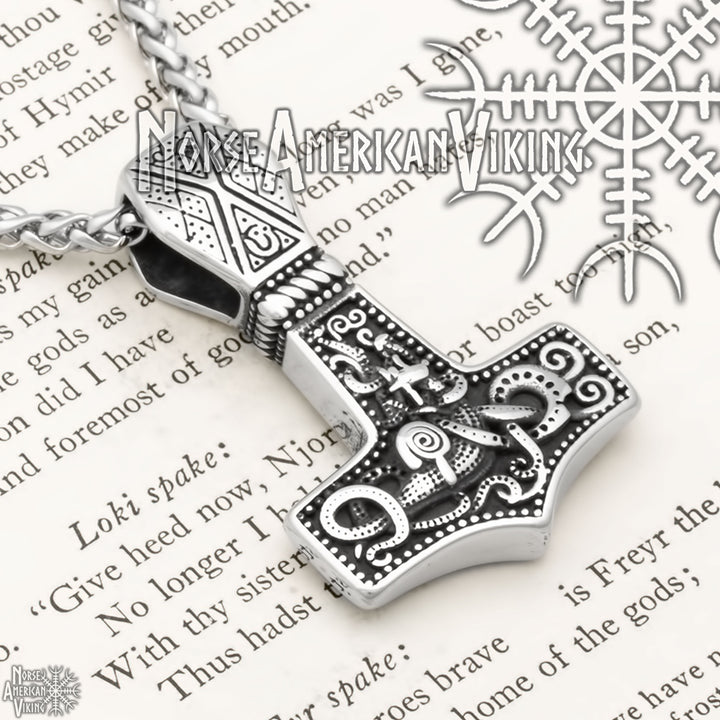 Viking Mjolnir Thor's Hammer Jormungandr Stainless Steel Pendant Necklace