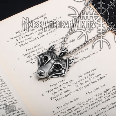 Viking Fenrir Wolf Head Stainless Steel Pendant Necklace