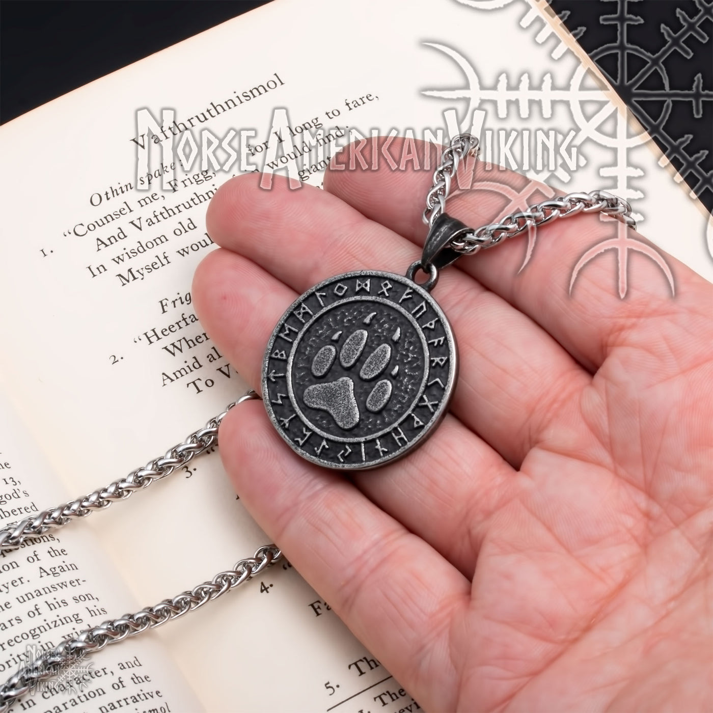 Viking Wolf Paw Print Rune Pendant Stainless Steel Necklace Norse American