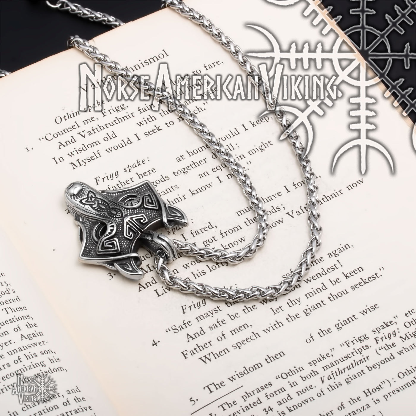 Viking Fenrir Wolf Head Stainless Steel Pendant Necklace Norse American
