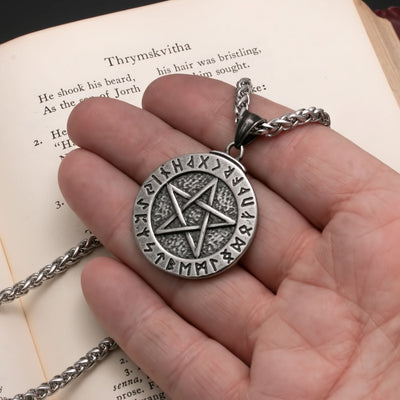 Viking Pentagram Wiccan Elder Futhark Rune Stainless Steel Pendant Necklace