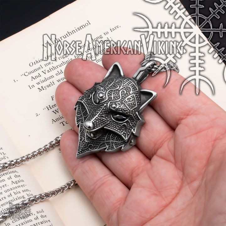 Viking Fenrir Wolf Head Stainless Steel Pendant Necklace