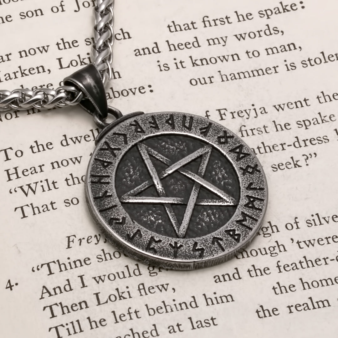 Viking Pentagram Wiccan Elder Futhark Rune Stainless Steel Pendant Necklace Norse American