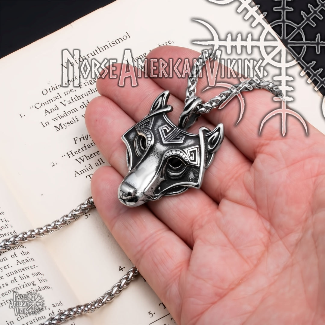 Viking Fenrir Wolf Head Stainless Steel Pendant Necklace