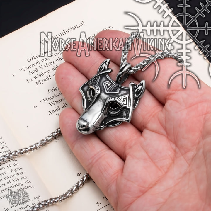 Viking Fenrir Wolf Head Stainless Steel Pendant Necklace