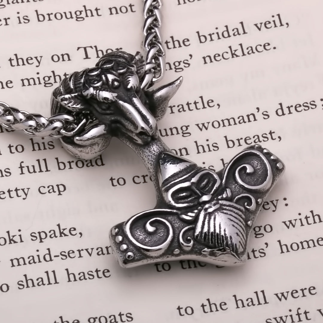 Viking Mjolnir Thor's Hammer Goat Odin Stainless Steel Pendant Necklace Norse American