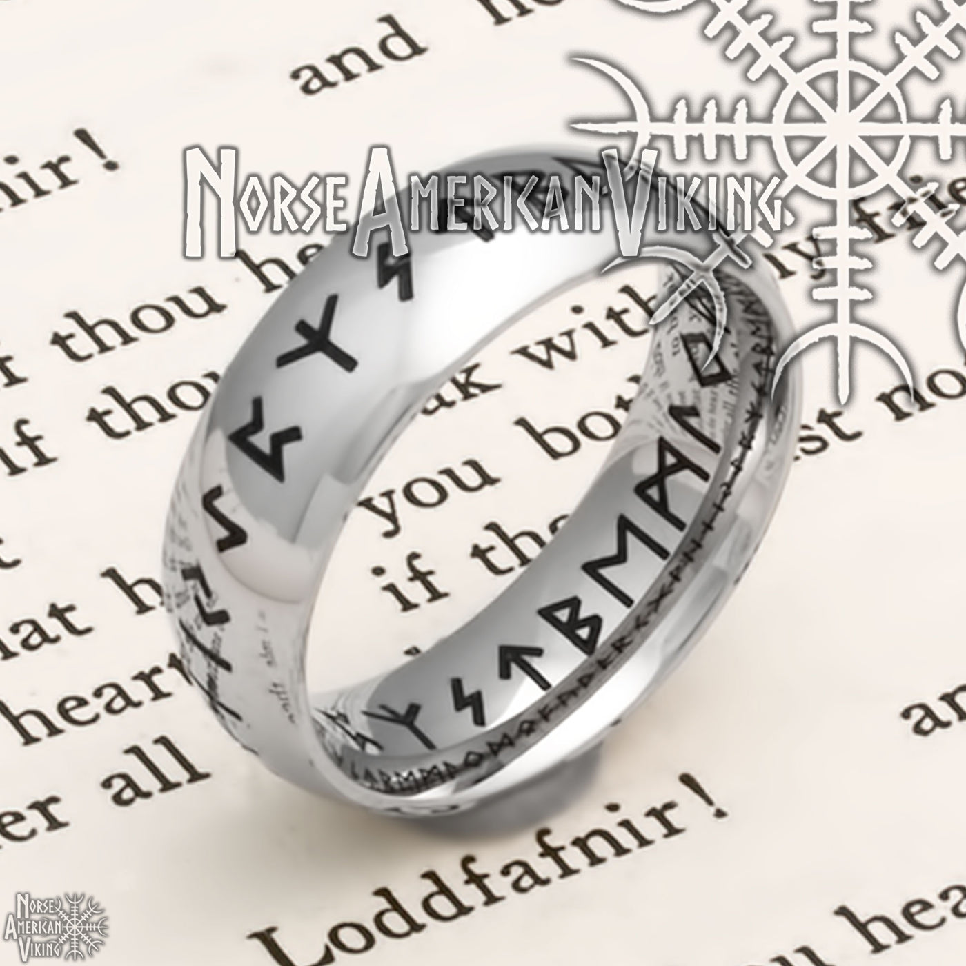 Viking Elder Futhark Rune Ring 7mm Polished Dome Band 316L Stainless Steel
