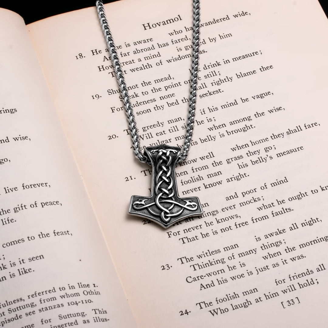 Viking Mjolnir Thor's Hammer Raven Plait Stainless Steel Pendant Necklace Norse American