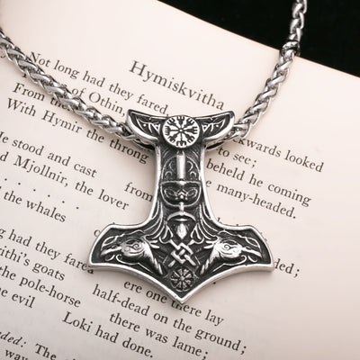 Viking Mjolnir Vegvisir Thor's Hammer Stainless Steel Pendant Necklace Norse American