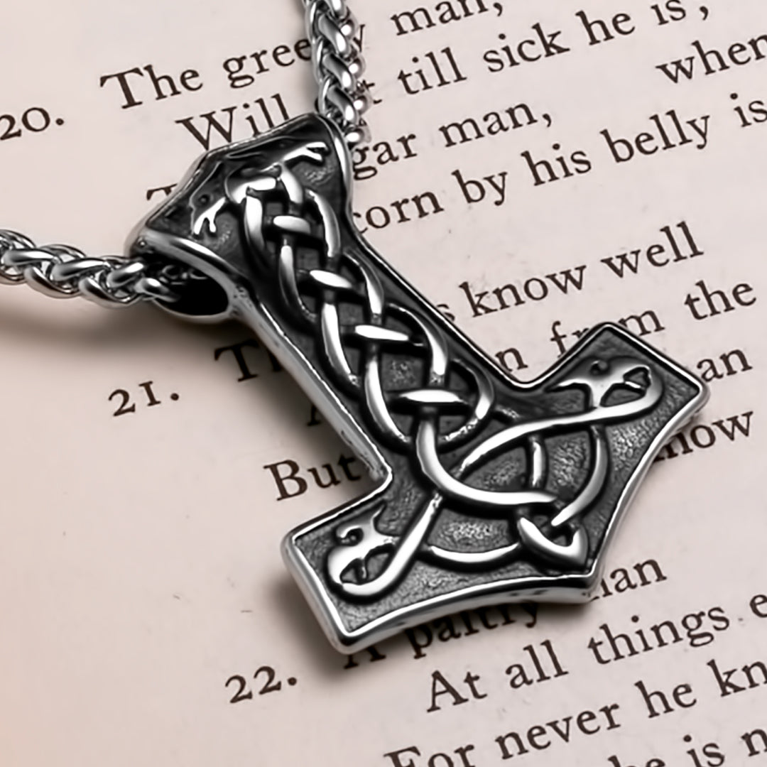 Viking Mjolnir Thor's Hammer Raven Plait Stainless Steel Pendant Necklace Norse American