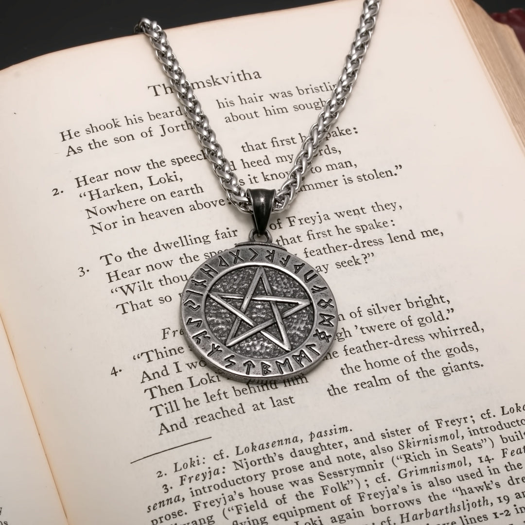 Viking Pentagram Wiccan Elder Futhark Rune Stainless Steel Pendant Necklace