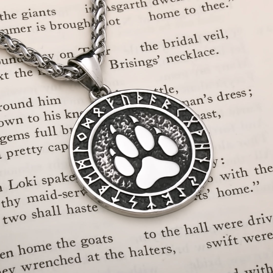 Viking Wolf Paw Print Rune Pendant Stainless Steel Necklace Norse American