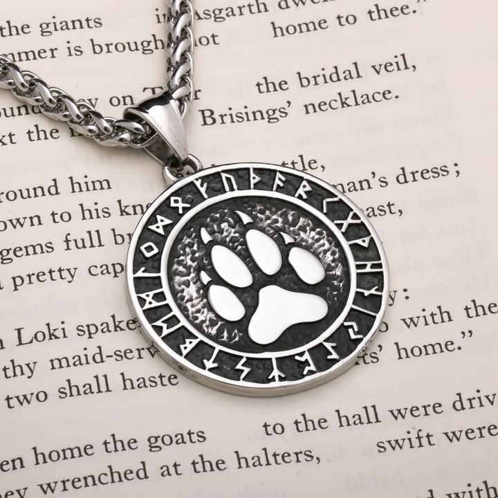 Viking Wolf Paw Print Rune Pendant Stainless Steel Necklace Norse American